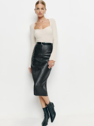 Reformation Veda Bedford Leather Midi Skirt in Black | luxe back slit hem pencil skirts