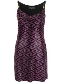 Versace La Greca studded mini dress in black/purple | designer evening dresses | FARFETCH | glamorous party fashion