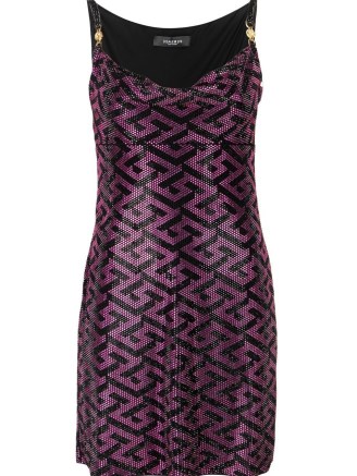 Versace La Greca studded mini dress in black/purple | designer evening dresses | FARFETCH | glamorous party fashion - flipped