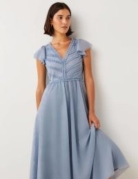 Boden V-Neck Tulle Maxi Dress Dusty Blue ~ women’s vintage style short flutter sleeve party dresses