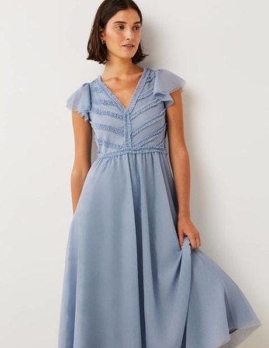 Boden V-Neck Tulle Maxi Dress Dusty Blue ~ women’s vintage style short flutter sleeve party dresses