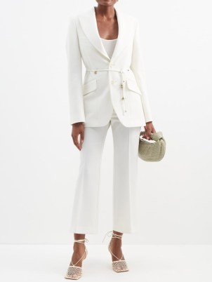 STELLA MCCARTNEY Embellished-belt twill suit blazer in white ~ chic tie waist blazers ~ womens designer jackets - flipped