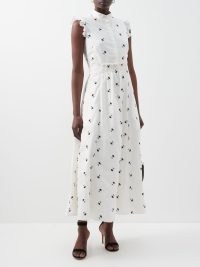 ERDEM Evie embroidered cotton midi dress in white – floral ruffled shoulder dresses – feminine fit and flare silhouette – matchesfashion – ladylike clothing