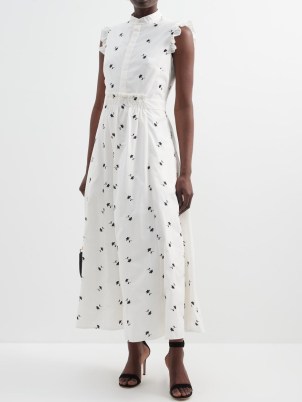 ERDEM Evie embroidered cotton midi dress in white – floral ruffled shoulder dresses – feminine fit and flare silhouette – matchesfashion – ladylike clothing - flipped