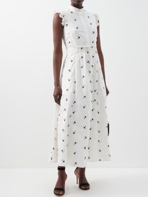 ERDEM Evie embroidered cotton midi dress in white – floral ruffled shoulder dresses – feminine fit and flare silhouette – matchesfashion – ladylike clothing