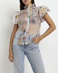 RIVER ISLAND WHITE ORGANZA FLORAL PUFF SLEEVE BLOUSE – sheer ruffled tops – romantic fashion – romance inspired blouses