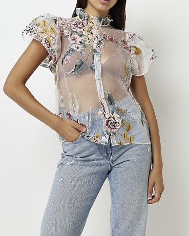RIVER ISLAND WHITE ORGANZA FLORAL PUFF SLEEVE BLOUSE – sheer ruffled tops – romantic fashion – romance inspired blouses - flipped