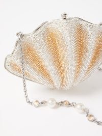 JUDITH LEIBER Sea Scallop crystal-embellished clutch / ocean inspired minaudière / luxury occasion bags covered in crystals / women’s luxe event accessories / matchesfashion / detachable pearl and jewel shoulder strap / underwater themed minaudières