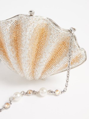 JUDITH LEIBER Sea Scallop crystal-embellished clutch / ocean inspired minaudière / luxury occasion bags covered in crystals / women’s luxe event accessories / matchesfashion / detachable pearl and jewel shoulder strap / underwater themed minaudières - flipped