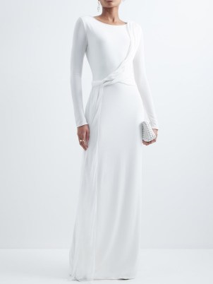 TOM FORD Twist-front long-sleeved jersey gown in white ~ long sleeved front asymmetric drape detail gowns ~ women’s designer occasion dresses ~ MATCHESFASHION ~ elegant event fashion - flipped