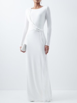 TOM FORD Twist-front long-sleeved jersey gown in white ~ long sleeved front asymmetric drape detail gowns ~ women’s designer occasion dresses ~ MATCHESFASHION ~ elegant event fashion