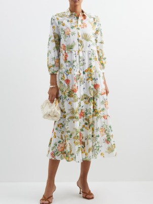 ERDEM Vacation Patmos floral-print tiered cotton dress in white ~ flaty flower print shirt dresses ~ MATCHESFASHION - flipped