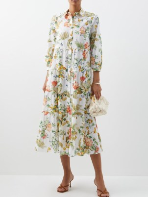 ERDEM Vacation Patmos floral-print tiered cotton dress in white ~ flaty flower print shirt dresses ~ MATCHESFASHION