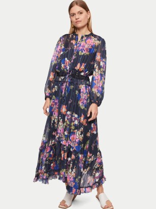 Jigsaw Wild Rose Maxi Dress Navy – floaty blue floral ruffle trim dresses