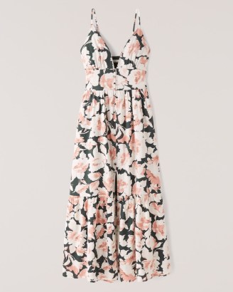 Abercrombie & Fitch Button-Through Maxi Dress in Dark Green Floral ~ sleeveless plunge front tiered hem dresses - flipped
