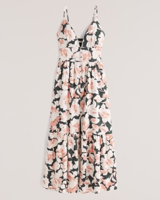 Abercrombie & Fitch Button-Through Maxi Dress in Dark Green Floral ~ sleeveless plunge front tiered hem dresses