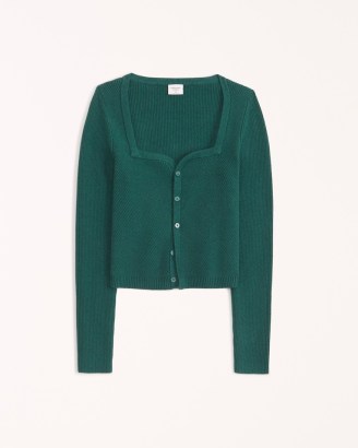 Abercrombie & Fitch Button-Through Slim Sweetheart Sweater in Green | women’s rib knit front button up sweaters - flipped