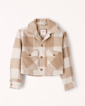 Abercrombie & Fitch Cropped Cozy Shirt Jacket in Light Brown ~ women’s neutral shackets ~ casual checked jackets - flipped