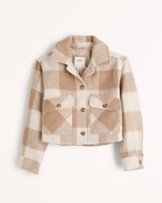 Abercrombie & Fitch Cropped Cozy Shirt Jacket in Light Brown ~ women’s neutral shackets ~ casual checked jackets