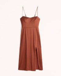 Abercrombie & Fitch High-Slit Midi Dress in Brown ~ cami strap sweetheart neckline evening dresses ~ split hem ~ satin fabric going out fashion