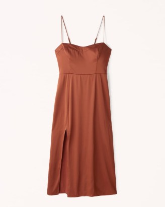 Abercrombie & Fitch High-Slit Midi Dress in Brown ~ cami strap sweetheart neckline evening dresses ~ split hem ~ satin fabric going out fashion - flipped