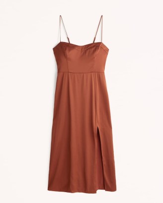 Abercrombie & Fitch High-Slit Midi Dress in Brown ~ cami strap sweetheart neckline evening dresses ~ split hem ~ satin fabric going out fashion