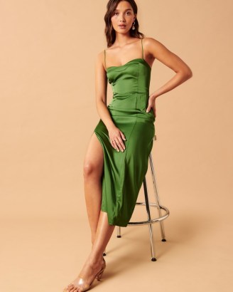 Abercrombie & Fitch High-Slit Midi Dress in Green | slinky fabric clothes | skinny shoulder strap dresses | satin cami strap fashion - flipped