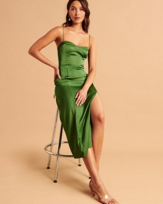 Abercrombie & Fitch High-Slit Midi Dress in Green | slinky fabric clothes | skinny shoulder strap dresses | satin cami strap fashion