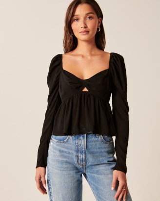 Abercrombie & Fitch Long-Sleeve Sheer Twist Top in Black | sweetheart neckline tops | front cut out detail | empire waist | peplum style - flipped