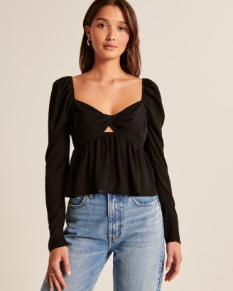 Abercrombie & Fitch Long-Sleeve Sheer Twist Top in Black | sweetheart neckline tops | front cut out detail | empire waist | peplum style