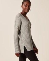 Abercrombie & Fitch LuxeLoft Legging-Friendly V-Neck Sweater | women’s grey super soft rib knit sweaters | women’s split sleeve slit hem jumpers