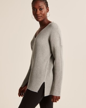 Abercrombie & Fitch LuxeLoft Legging-Friendly V-Neck Sweater | women’s grey super soft rib knit sweaters | women’s split sleeve slit hem jumpers - flipped