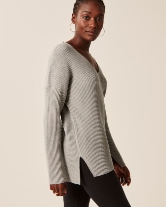 Abercrombie & Fitch LuxeLoft Legging-Friendly V-Neck Sweater | women’s grey super soft rib knit sweaters | women’s split sleeve slit hem jumpers