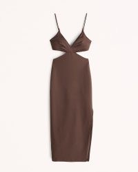 Abercronbie & Fitch Mixed Fabric Midi Dress in Dark Brown ~ spaghetti shoulder strap evening dresses ~ cut out party fashion ~ plunging neckline ~ split hem ~ skinny straps