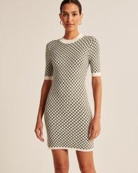 Abercrombie & Fitch Mockneck Mini Sweater Dress in White Pattern / checked short sleeve knitted dresses / women’s check print fashion