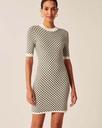 Abercrombie & Fitch Mockneck Mini Sweater Dress in White Pattern / checked short sleeve knitted dresses / women’s check print fashion - flipped