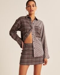 Abercrombie & Fitch Oversized Colorblock Flannel Shirt Jacket in Brown Plaid ~ womens mixed check print shirts