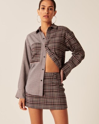 Abercrombie & Fitch Oversized Colorblock Flannel Shirt Jacket in Brown Plaid ~ womens mixed check print shirts - flipped
