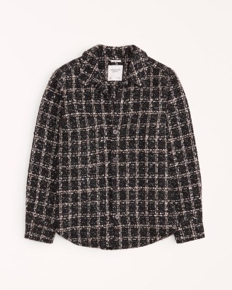 Abercrombie & Fitch Oversized Tweed Shirt Jacket Black Pattern ~ women’s checked textured autumn shackets ~ womens overshirts - flipped