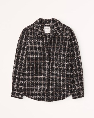 Abercrombie & Fitch Oversized Tweed Shirt Jacket Black Pattern ~ women’s checked textured autumn shackets ~ womens overshirts