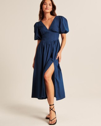 Abercrombie & Fitch Puff Sleeve Corset Midi Dress in Dark Blue | short puffed sleeved dresses with fitted bodice and split hem | plunge V-neck