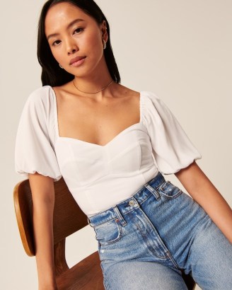 Abercrombie Puff Sleeve Corset Sweetheart Top in White | short sleeved fitted bodice tops - flipped