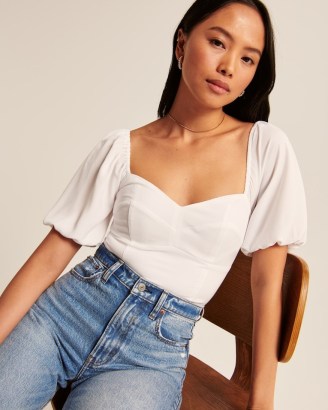 Abercrombie Puff Sleeve Corset Sweetheart Top in White | short sleeved fitted bodice tops