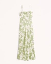 Abercrombie & Fitch Satin Cowl Back Slip Midi Dress in green print / floral cami strap dresses / skinny shoulder straps