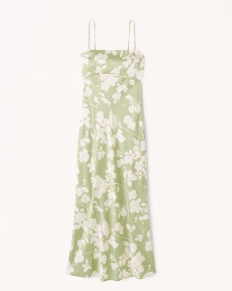 Abercrombie & Fitch Satin Cowl Back Slip Midi Dress in green print / floral cami strap dresses / skinny shoulder straps - flipped