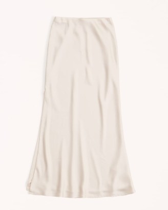 Abercrombie & Fitch Satin Midaxi Skirt in cream | slinky high side slit skirts