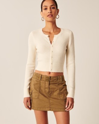 Abercrombie & Fitch Slim Fluffy Button-Through Cardigan in White | women’s super soft cardigans - flipped