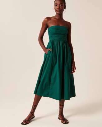 Abercrombie & Fitch Strapless Poplin Midi Dress ~ green bandeau fit and flare dresses ~ ruched bodice ~ removable skinny shoulder staps - flipped