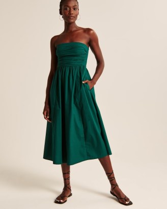 Abercrombie & Fitch Strapless Poplin Midi Dress ~ green bandeau fit and flare dresses ~ ruched bodice ~ removable skinny shoulder staps