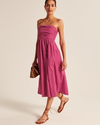 Abercrombie & Fitch Strapless Poplin Midi Dress in Dark Pink ~ ruched fit and flare dresses ~ fitted bodice - flipped